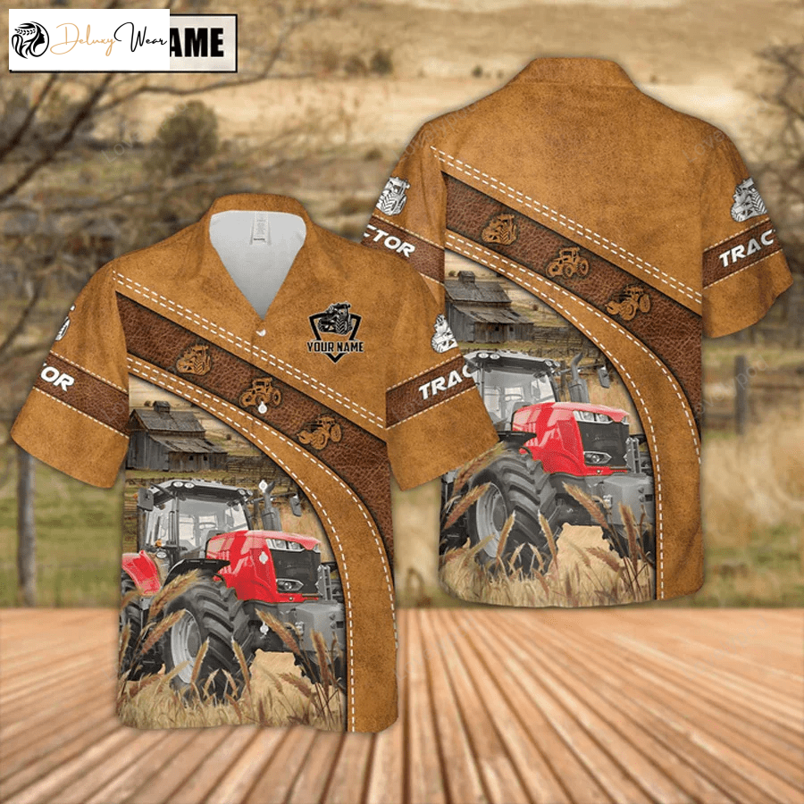 Custom Name Red Tractor Hawaiian Shirt – Leather Pattern Perfect Summer Gift for Men & Women