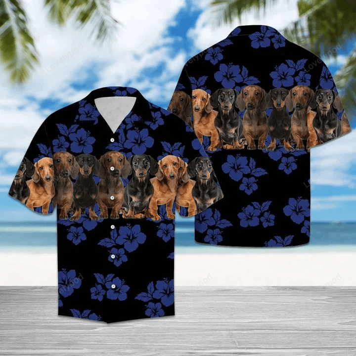Dachshund Dogs in Blue Hibiscus Hawaiian Shirt – Perfect Gift for Dog Lovers