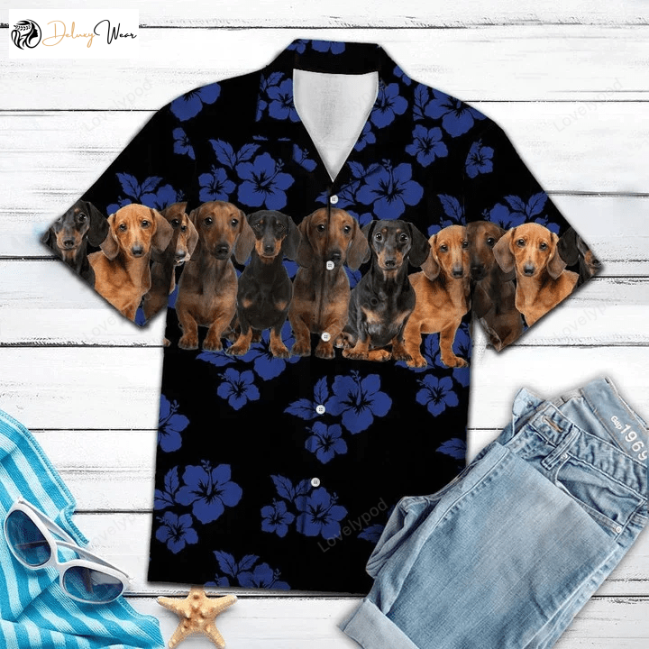 Dachshund Dogs in Blue Hibiscus Hawaiian Shirt – Perfect Gift for Dog Lovers