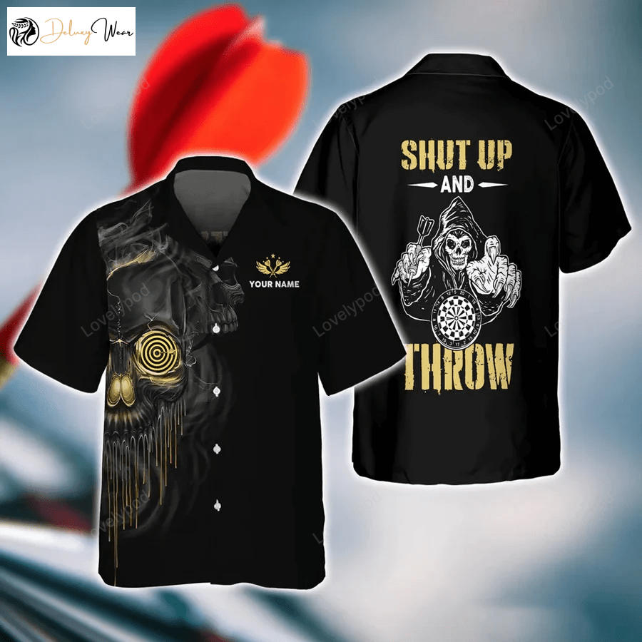 Darts Skull Shut Up & Throw Personalized 3D Hawaiian Shirt – Perfect for Darts Players