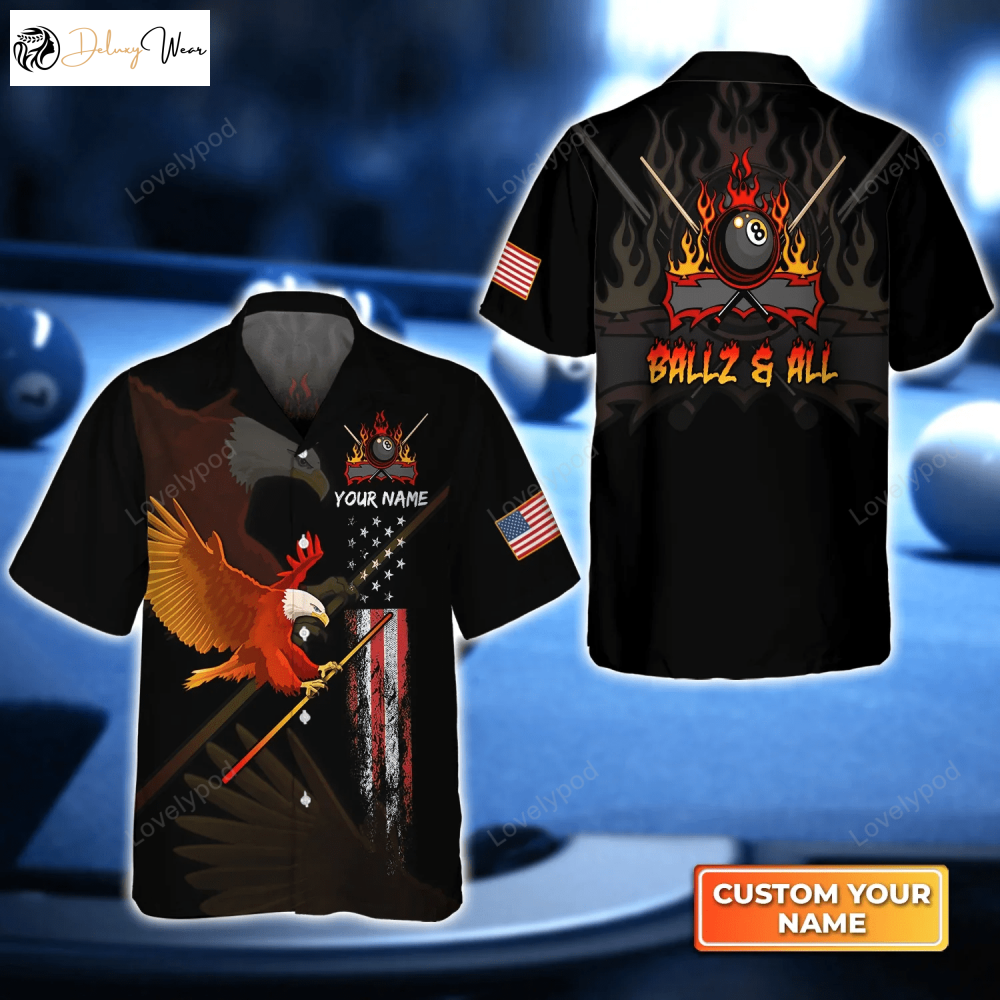 Stylish Eagle BALLZ & ALL Team Bones 8 Ball American Flag Billiards 3D Hawaiian Shirt – Perfect Gift for Billiard Players