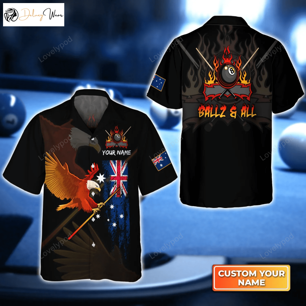 Customizable Eagle BALLZ & ALL Team Bones 8 Ball Australia Flag Hawaiian Shirt – Perfect Billiard Team Uniform & Gift