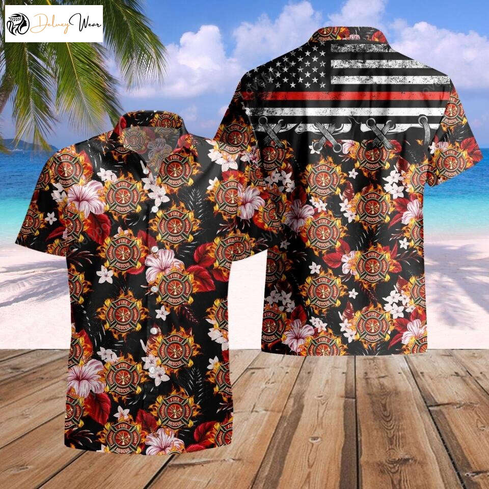 Authentic Firefighter Hawaii T-shirt with Fire Dept Logo – Hawaiian Aloha Shirts