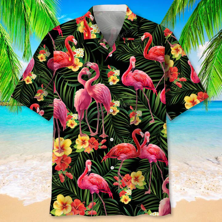 Flamingo Green Tropical Hawaiian Shirt – Stylish Aloha Short Sleeve Beach Holiday Casual