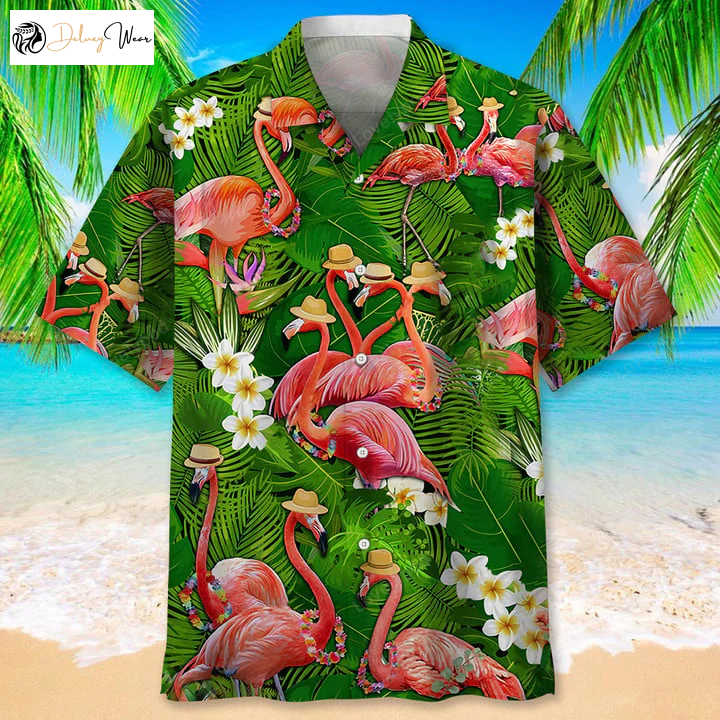 Flamingo Green Tropical Hawaiian Shirt – Stylish Aloha Short Sleeve Beach Holiday Casual