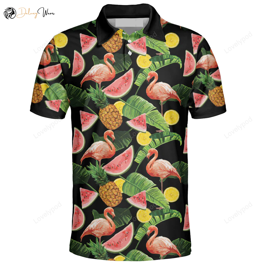 Flamingo Tropical Fruit Hawaiian AOP Polo Shirt: Unique Gift for Men & Women