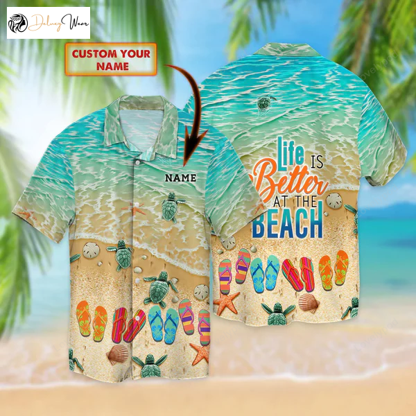 Customized 3D Hawaiian Shirt with Personalized Name – Beach Flip Flop and Hawaii Vibes