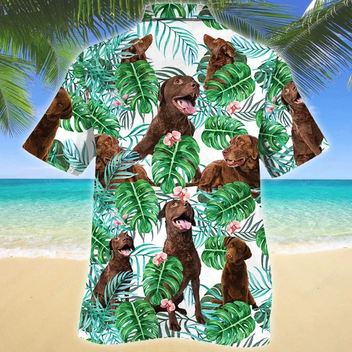 Stylish Green & White Chesapeake Bay Retriever Dog Hawaiian Shirt with Tropical Plant Design