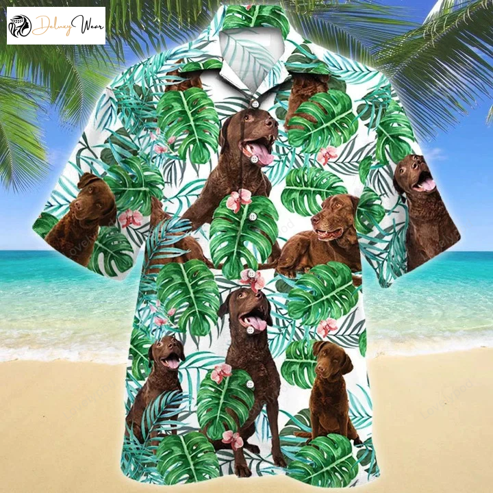 Stylish Green & White Chesapeake Bay Retriever Dog Hawaiian Shirt with Tropical Plant Design