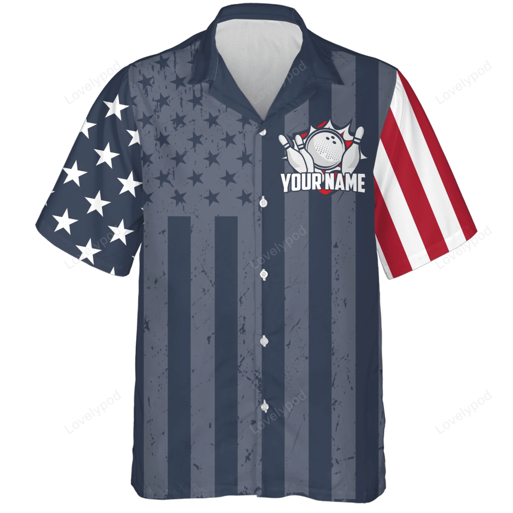 Custom Hawaiian Bowling Shirts with American Flag – Unisex Bowling Jersey for Men & Women
