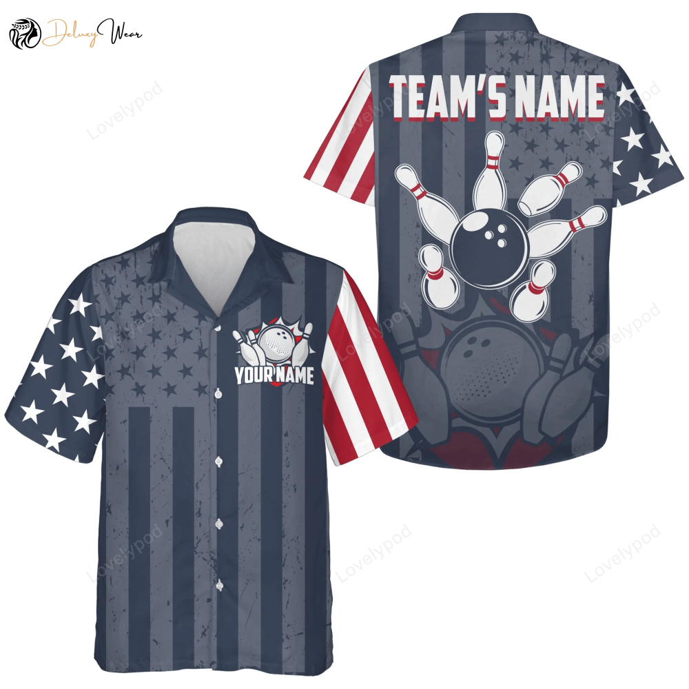 Custom Hawaiian Bowling Shirts with American Flag – Unisex Bowling Jersey for Men & Women