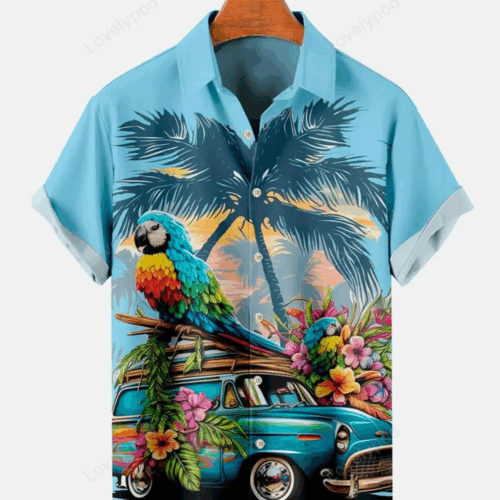 Hawaiian Coconut Palm Parrot Men s Shirts for Car Enthusiasts