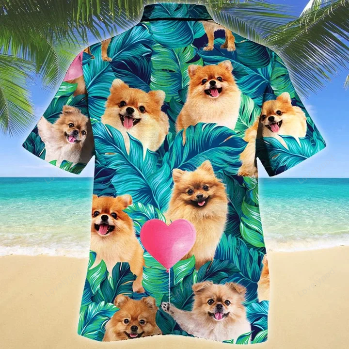 Summer Beach Hawaiian Shirt: Heart Shape & Pomeranian Dog Lovers Gift Ideas with Palm Trees