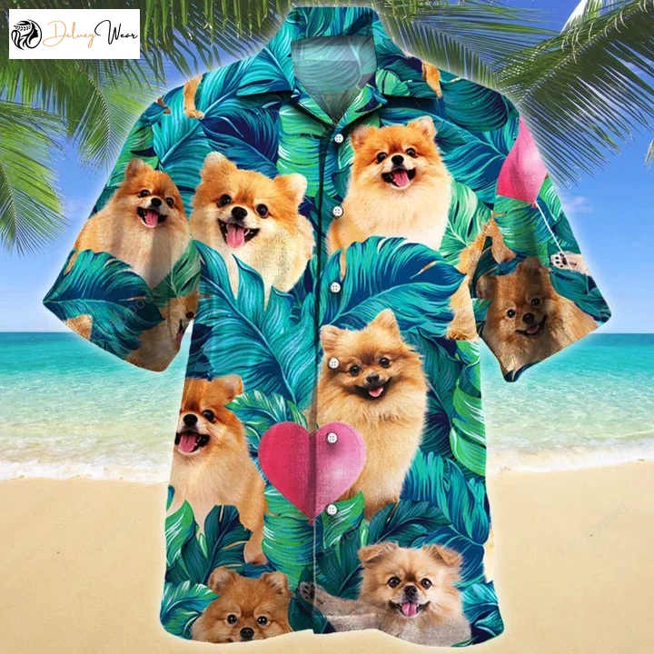 Summer Beach Hawaiian Shirt: Heart Shape & Pomeranian Dog Lovers Gift Ideas with Palm Trees