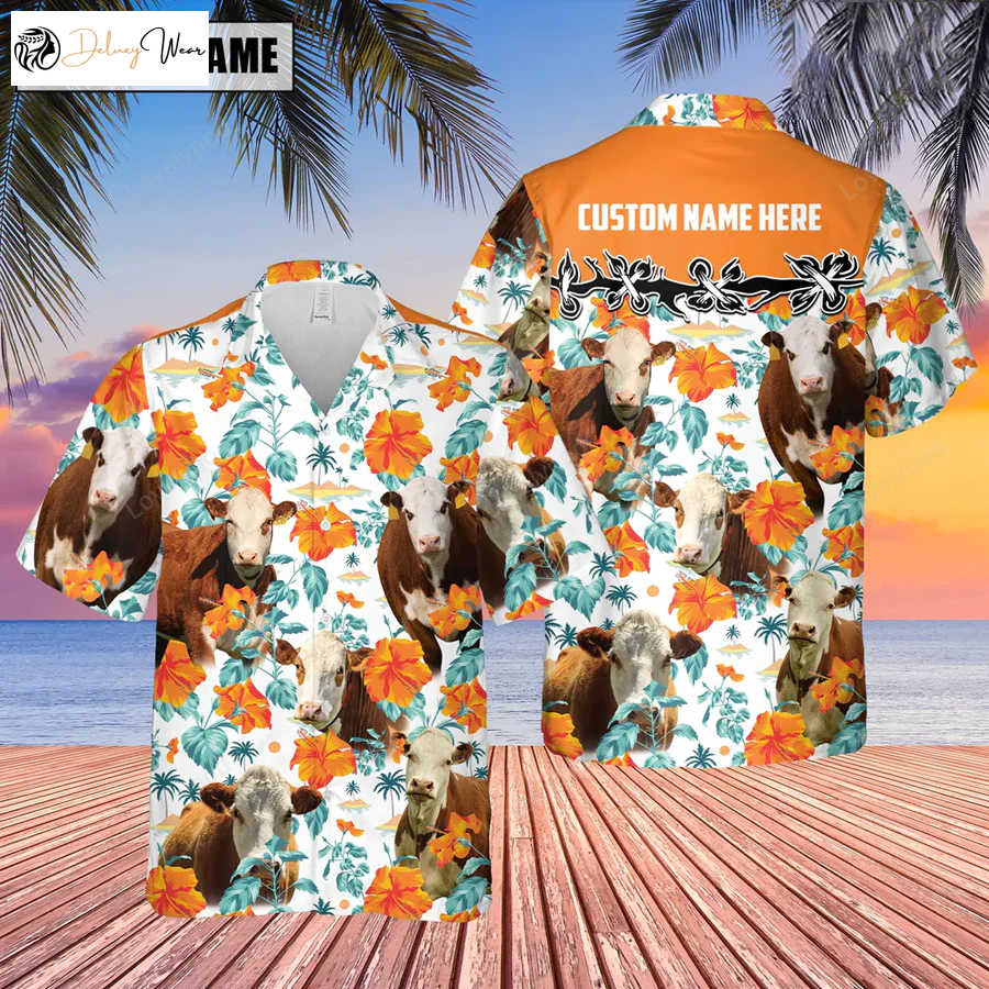 Custom Name 3D Hawaiian Shirt – Hereford Hibiscus Floral Summer Gifts for Men & Women