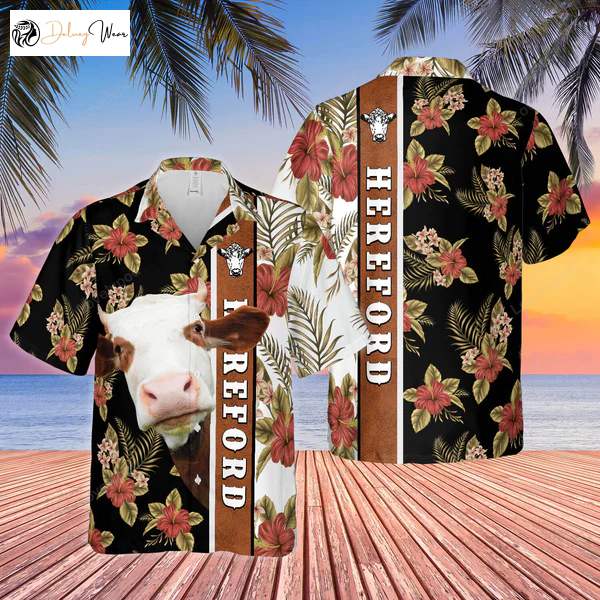 Hibiscus Flowers Hereford Cattle Hawaiian Shirt: Summer Gifts for Men & Women