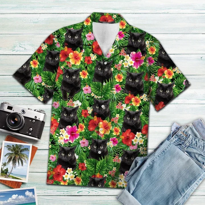 Hawaiian Shirt with Black Cat & Tropical Flower Leaves – Aloha Hawaii Attire for Men & Women
