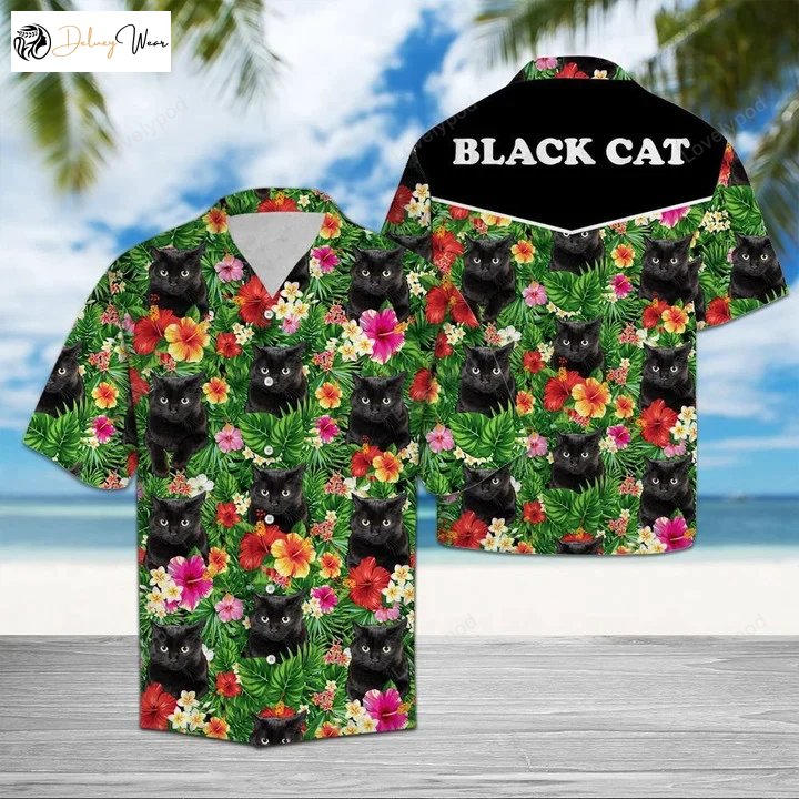 Hawaiian Shirt with Black Cat & Tropical Flower Leaves – Aloha Hawaii Attire for Men & Women