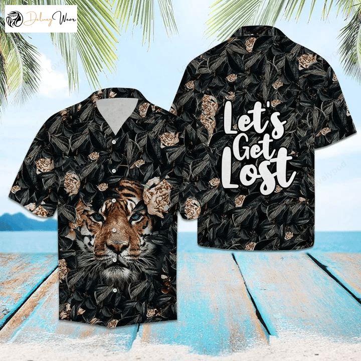 Hiding Tiger Let s Get Lost Tropical Hibiscus Hawaiian Shirt – Black Pattern for a Vibrant Escape
