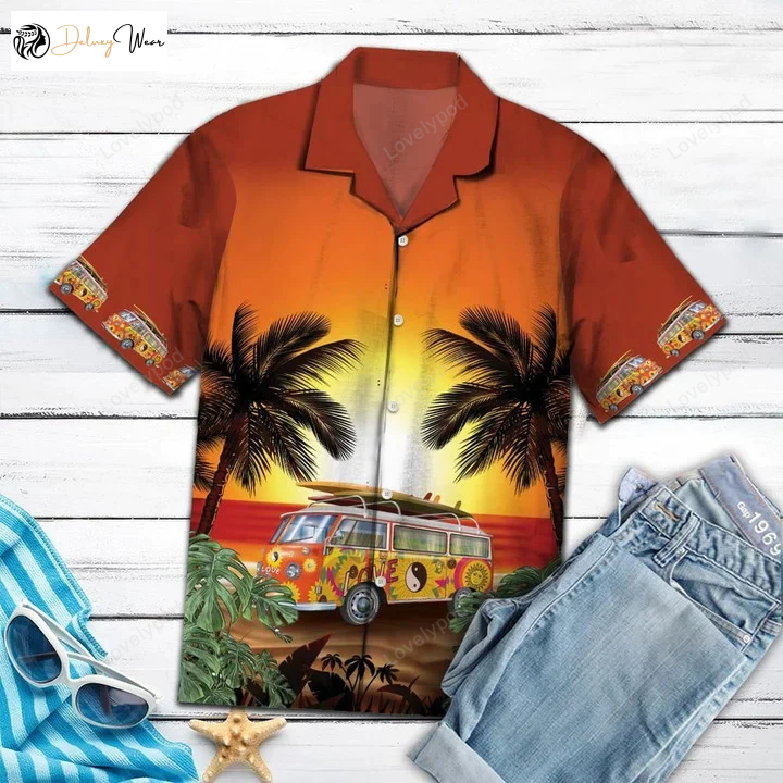Hippie Bus Hawaiian Shirt Sunset Palm Tree Beach Themed Pattern for a Stylish Tropical Look