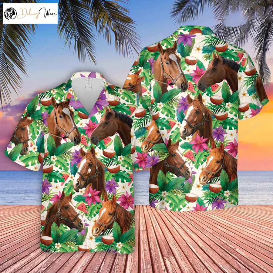 Horse Summer Floral Hawaiian Shirt for Men Farm & Cow Lover Tropical Shirt Perfect Gift for Him