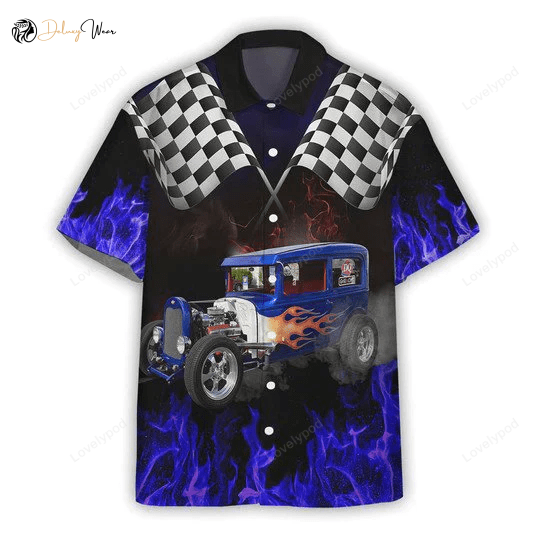 Bold Hot Rod Hawaiian Shirt: Purple Blue Flame Print 3D All-Over Design
