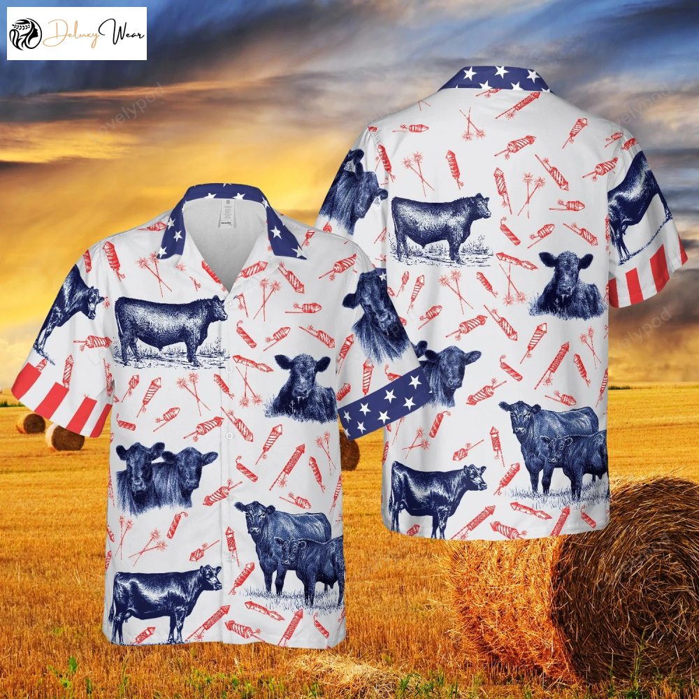 Black Angus Pattern Independence Day Fire Cracker 3D Hawaiian Shirt