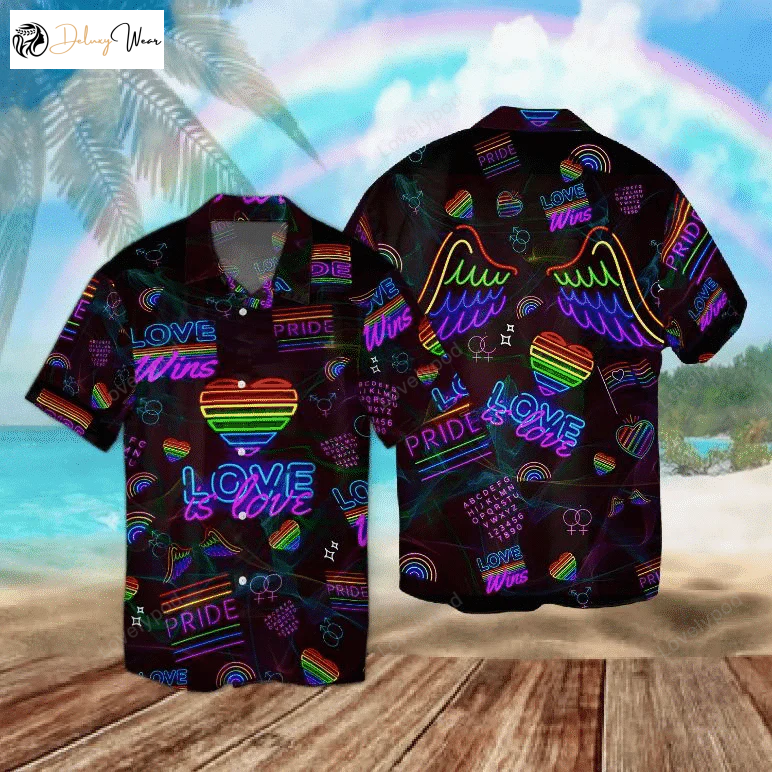 LGBT Aloha Hawaiian Shirt Gift for Men Dad Fathers: Neon Heart & Wings Rainbow for Men & Women – Perfect Summer Attire!