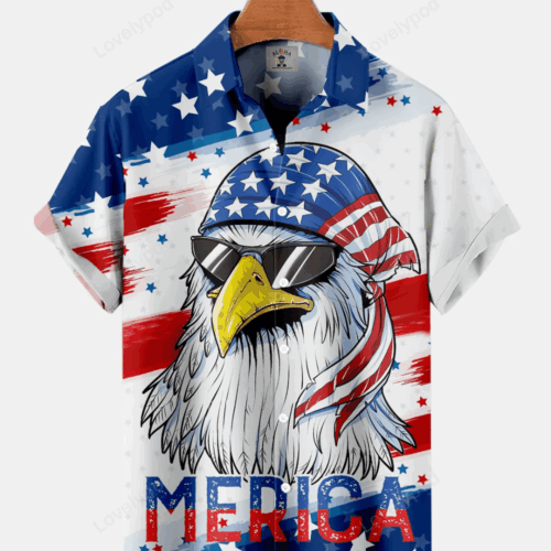 MERICA Print Hawaiian Shirt: Men s American Flag & Cool Eagle Design – Short Sleeve