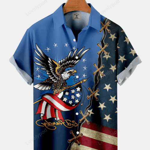 4th of July Men s American Flag & Eagle Panel Print Hawaiian Shirt – Patriotic Short Sleeve Shirt