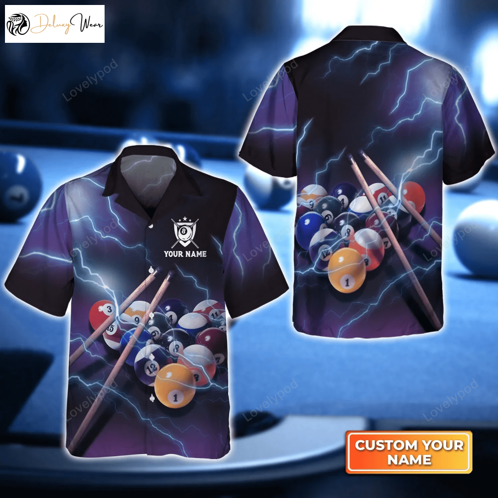 Magnetic Men s Billiard 8 Ball Hawaiian Shirt – Thunder Lightning 3D Design: Ideal Billiard Team Uniform & Gift