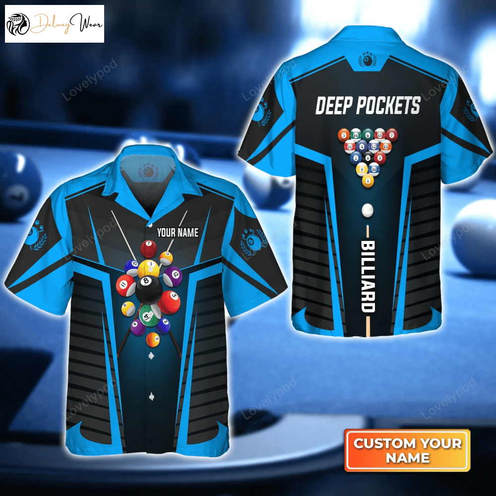 Stylish Men s Deep Pockets Blue Billiard Balls 3D Hawaiian Shirt – Perfect Gift for Billiard Players & Team Uniform