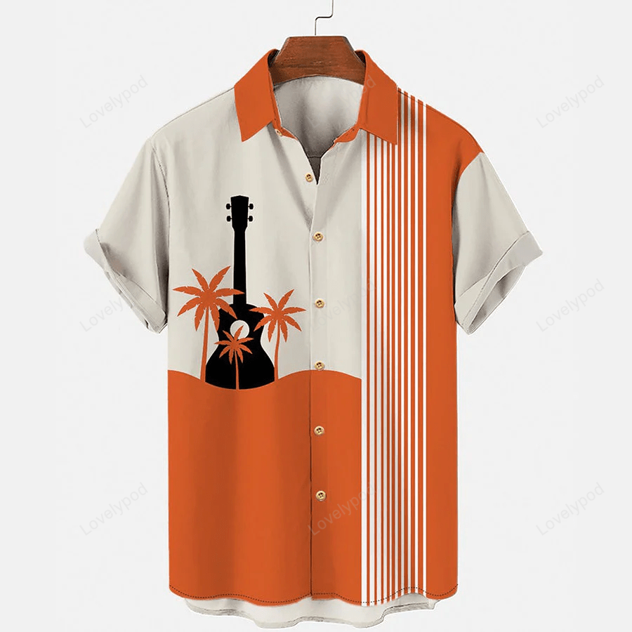 Shop the Trend: Men s Hawaiian Music Guitar Shirt – Vibrant Stripe Panel Casual Wear