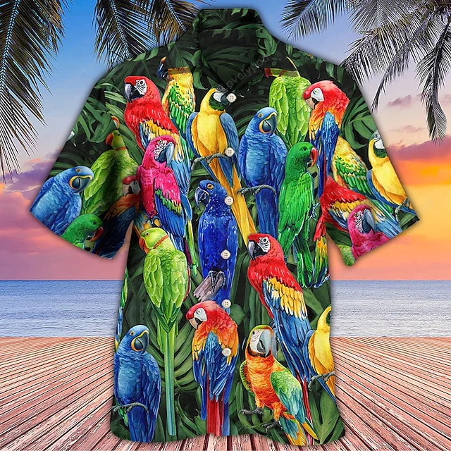 Stylish Men s Hawaiian Shirt: Summer Graphic Aloha Shirt Parrot Print in Vibrant Colors