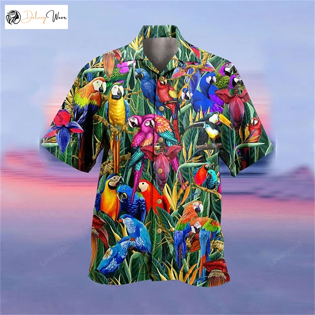 Stylish Men s Hawaiian Shirt: Summer Graphic Aloha Shirt Parrot Print in Vibrant Colors