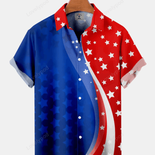 Stylish Men s American Flag Line Print Hawaiian Shirt – Casual & Simple Short Sleeve Design