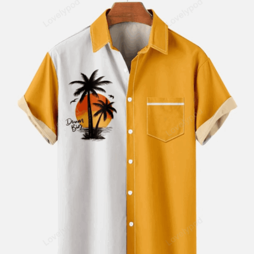 Stylish Mens Geometric Hawaiian Shirt Gift for Men Dad Father with Coconut Tree Print – Casual & Breathable Short Sleeved