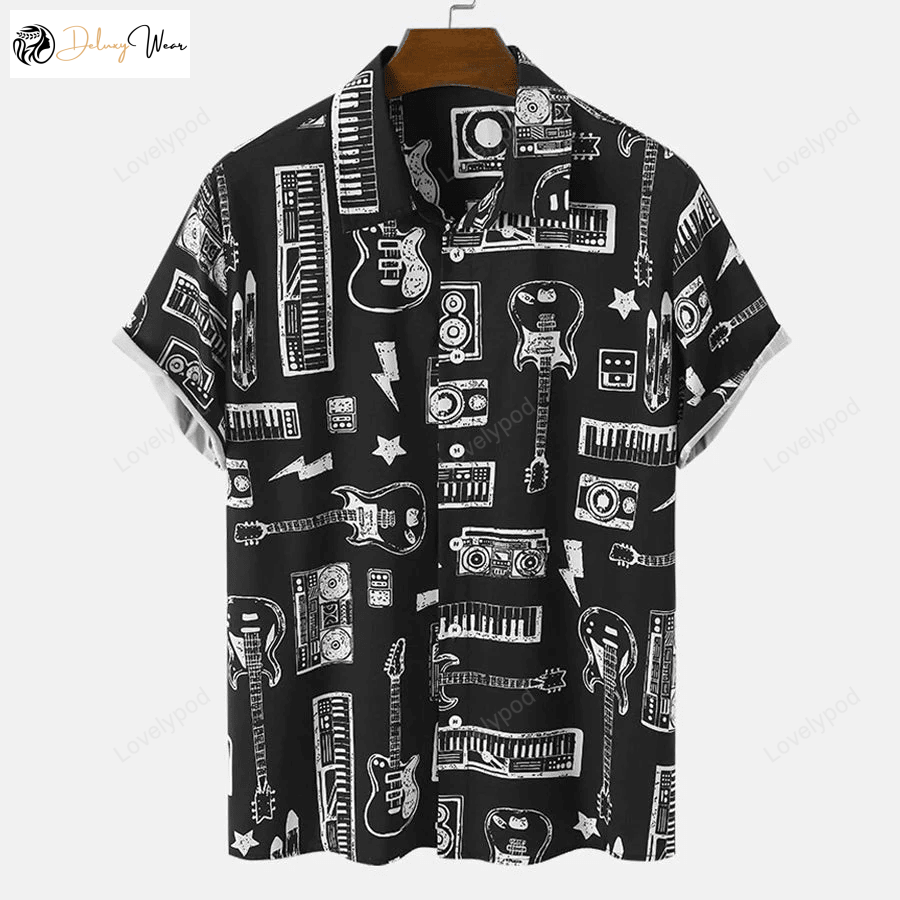 Mens Musical Hawaiian Shirt: Instrument Print Button Front Short Sleeve Black