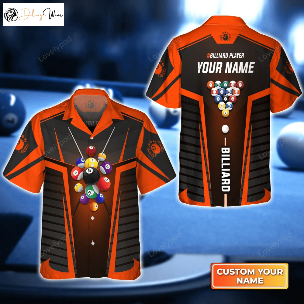 Customized 3D Hawaiian Shirt for Billiard Lovers – Personalized Name Orange Billiard Balls Design