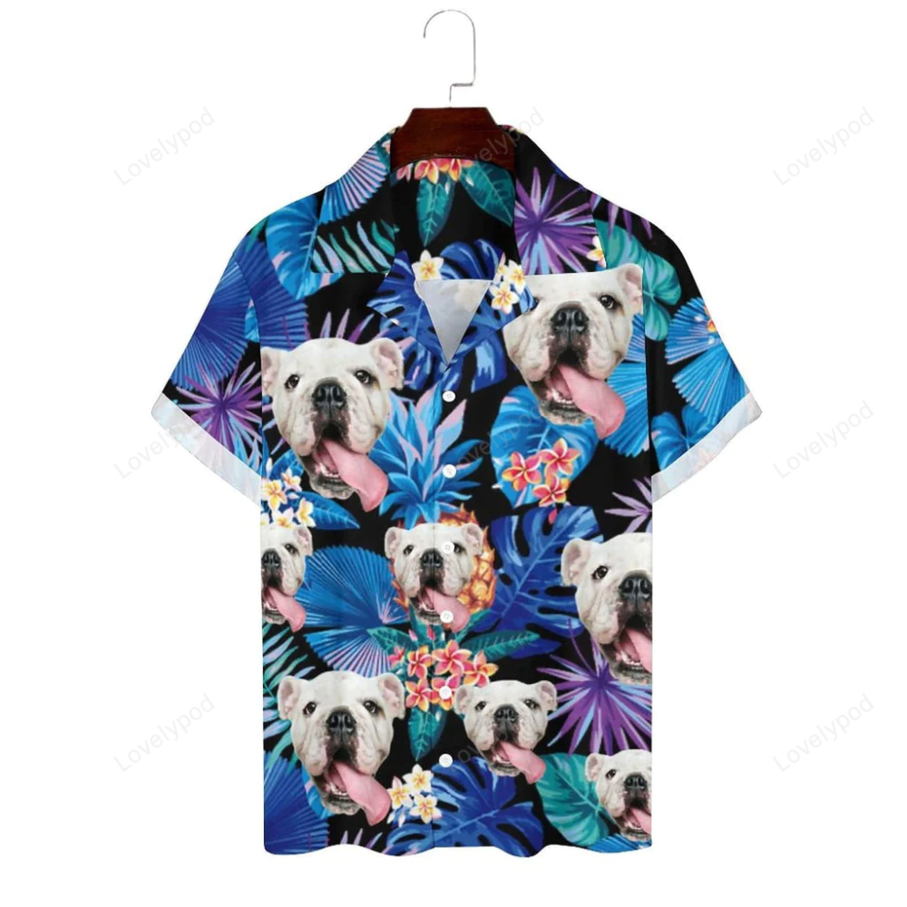 Customizable Cuban Collar Shirt: Dog Face Blue Leaves Design – Perfect Hawaiian Gift for Husband or Boyfriend