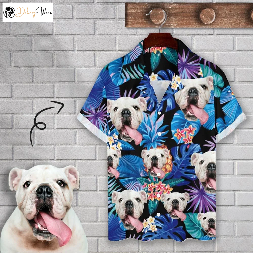 Customizable Cuban Collar Shirt: Dog Face Blue Leaves Design – Perfect Hawaiian Gift for Husband or Boyfriend