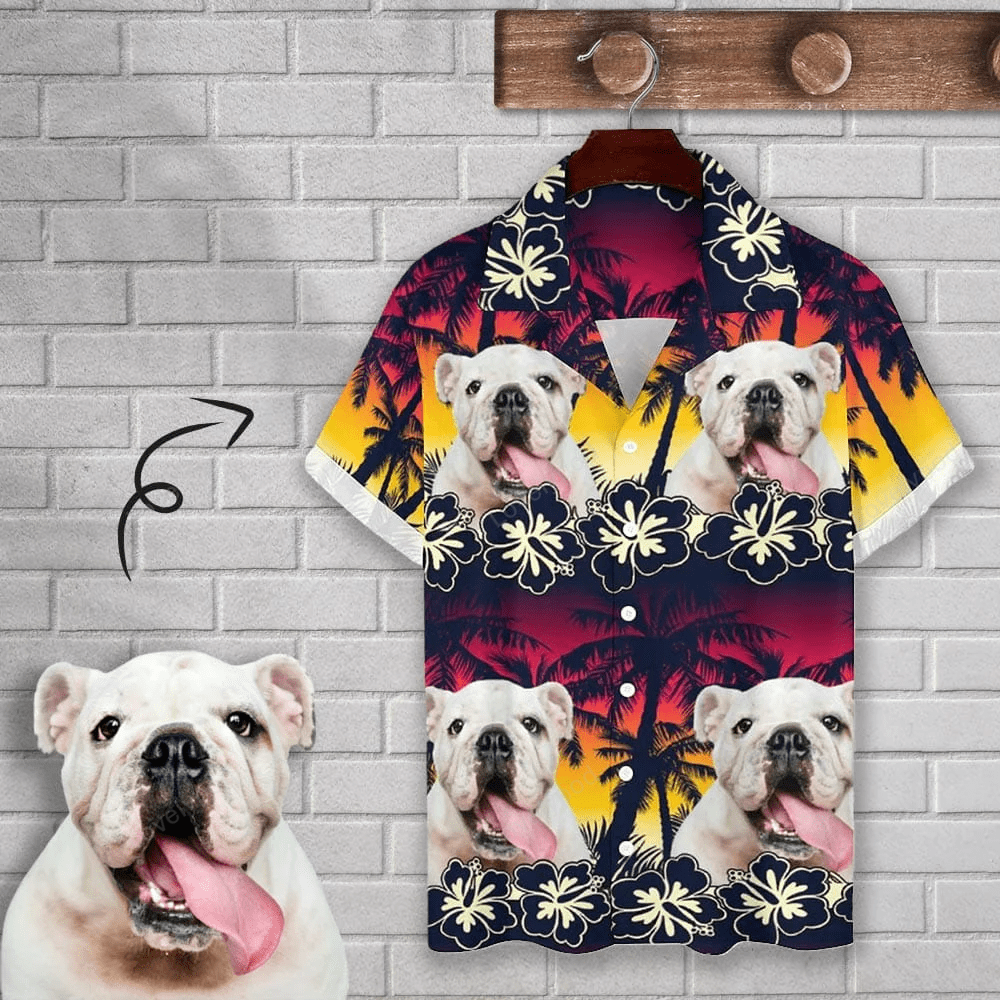 Customizable Cuban Collar Shirt: Personalized Dog Face & Coconut Tree Hawaiian Shirt for Husband or Boyfriend