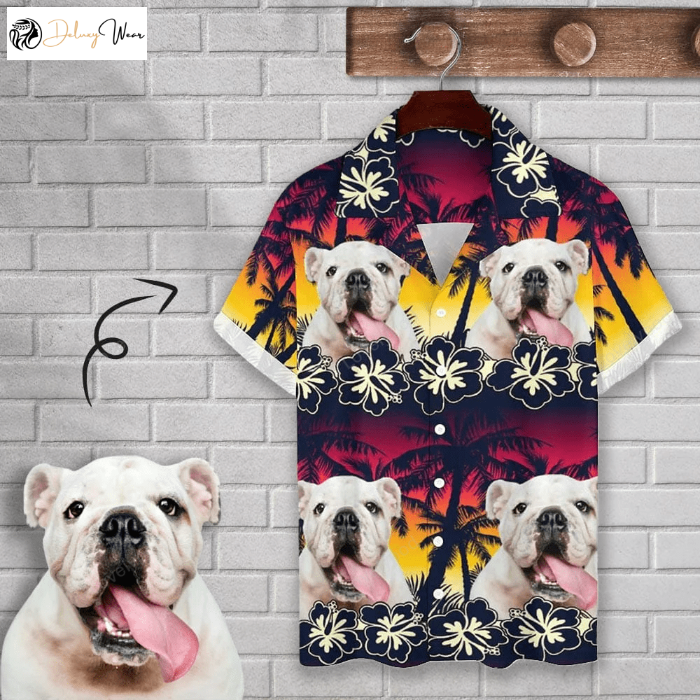 Customizable Cuban Collar Shirt: Personalized Dog Face & Coconut Tree Hawaiian Shirt for Husband or Boyfriend