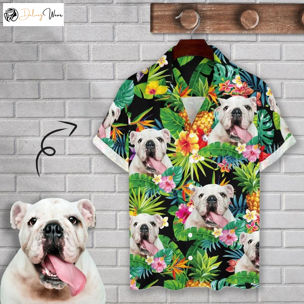 Custom Cuban Collar Shirt: Personalize Hawaiian Shirt with Dog Face Pineapple Leaves for Husband Boyfriend