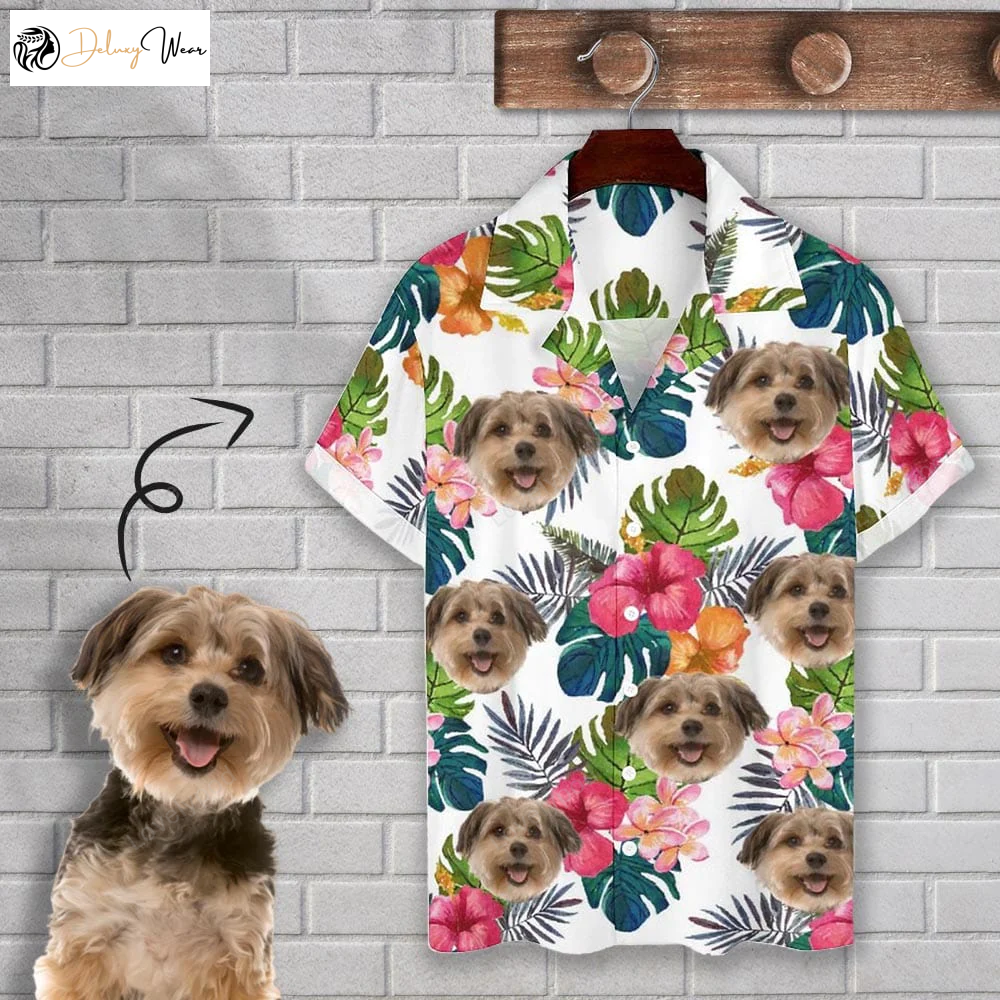 Custom Cuban Collar Shirt: Dog Face Tropical Flower Design – Personalize Your Hawaiian Shirt for Husband or Boyfriend