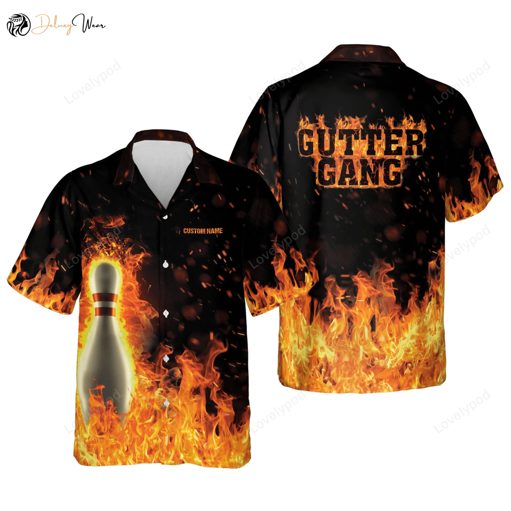 Flame Hawaiian Bowling Gutter Gang Shirts: Personalized Men s Team Gift