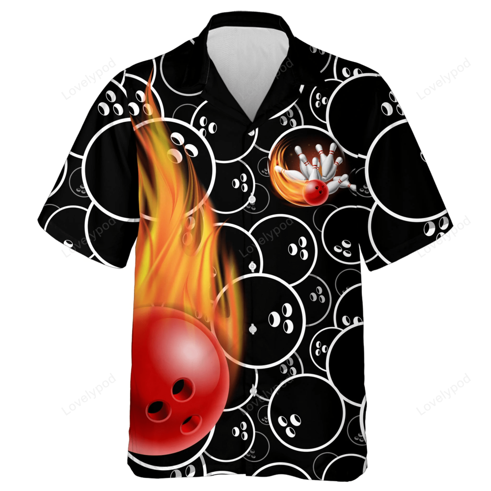 Customized Flame Hawaiian Bowling Shirt – Unique Design Skull Pins Men Women Black Bowlers Jersey