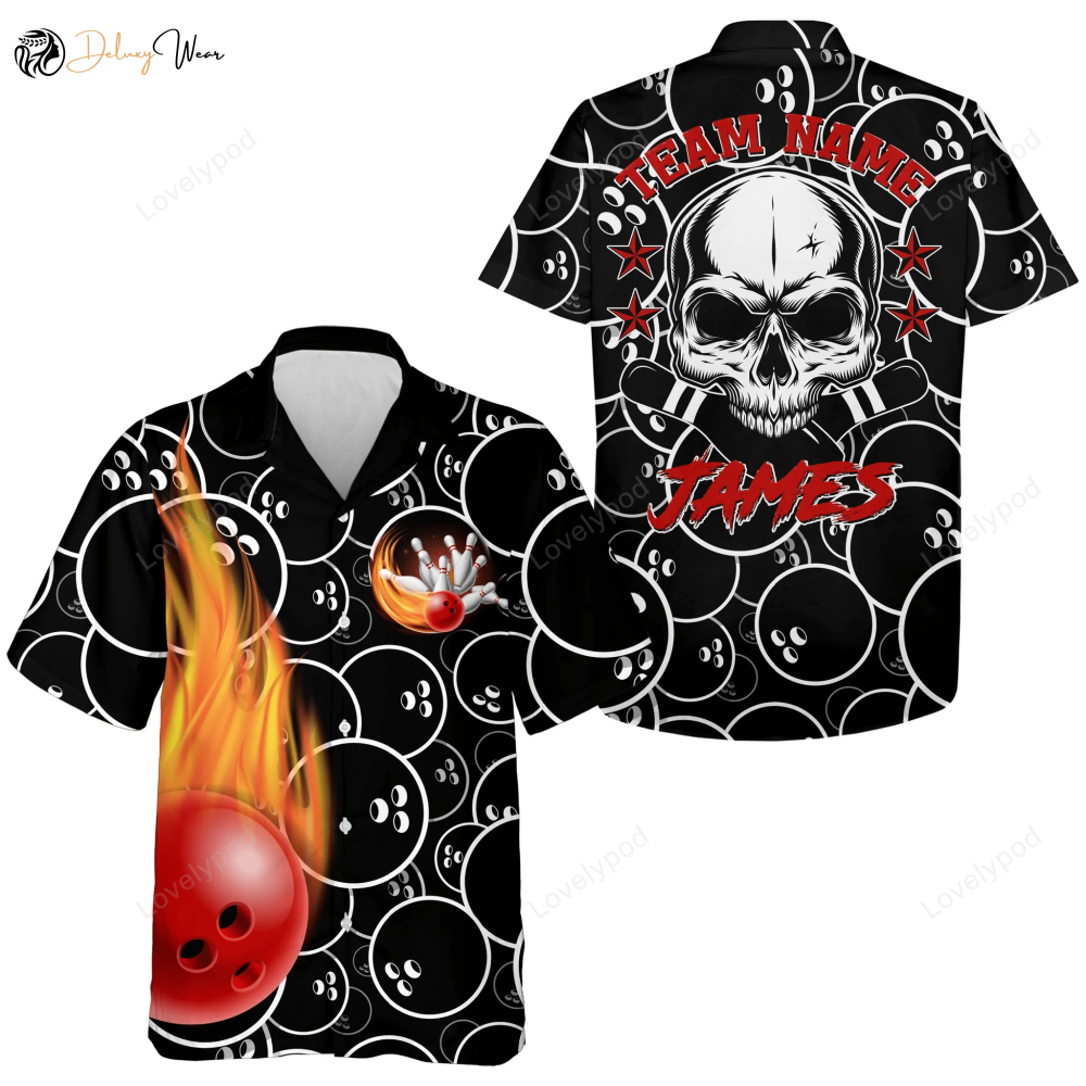 Customized Flame Hawaiian Bowling Shirt – Unique Design Skull Pins Men Women Black Bowlers Jersey