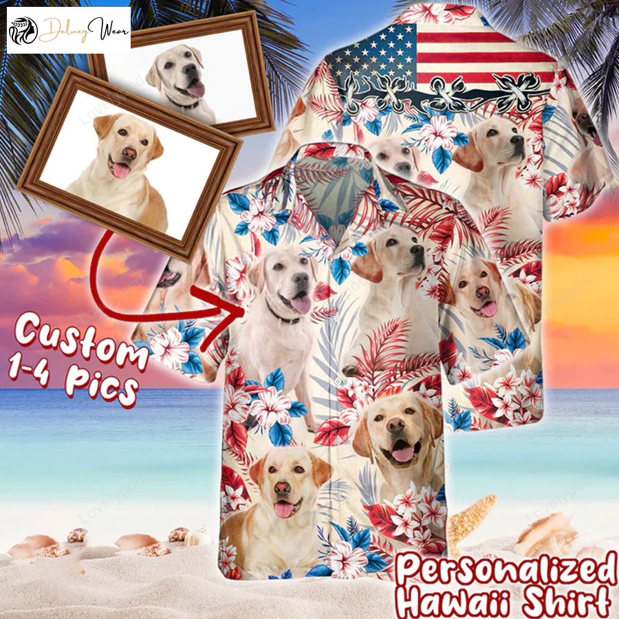 Stylish All Over Printed 3D Hawaiian Shirt for Dog Lovers: Personalized Photos United States Flag Flowers