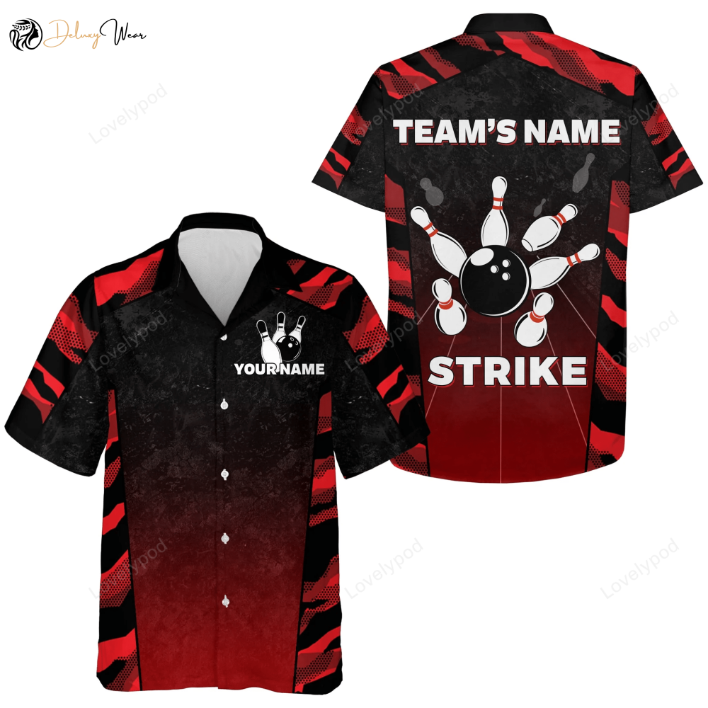 Custom Red Camo Hawaiian Bowling Shirt for Men – Strike Bowling Jersey with Custom Name Team